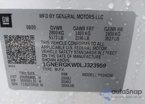 2020 Chevrolet Traverse Fwd Lt Cloth z USA, uszkodzony, nr VIN 1GNERGKW0LJ323959